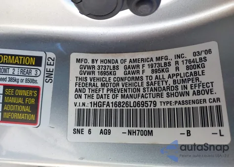 2006 Honda Civic Ex z USA, uszkodzony, nr VIN 1HGFA16826L069579